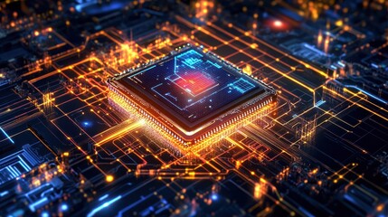 Quantum Chip Surrounded by Swirling Holographic Pro
