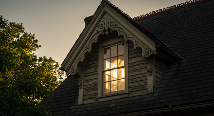Sunlit Victorian Attic Dormer Window Framed By Scrolling Woodwork
