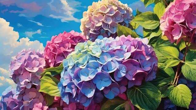 A vibrant scene of a garden featuring clusters of blue and purple hydrangea flowers