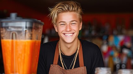 Handsome young man in an apron makes smoothies behind the counter at a bustling coffee shop, radiating enthusiasm and charm