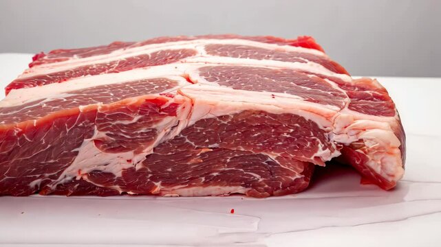 Fresh raw beef chuck roast, red meat with fat marbling, on a white surface, perfect cut for grilling, cooking, or barbeque preparations