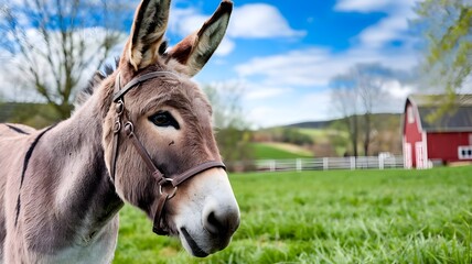 Fototapeta premium Portrait of a Harnessed Donkey in a Rural Landscape