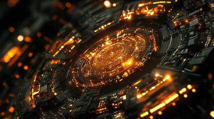 Close-up of Glowing Quantum Chip with Intricate Bins