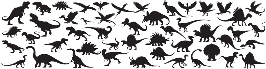 Set of different dinosaur Isolated on white background vector illustrations, silhouette Dinosaurs big collection, prehistoric animals silhouette 