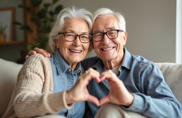 Happy elderly couple in love making heart shape hands. Smiling seniors on sofa at home enjoying life. Senior man, woman, healthy people in retirement show affection and care together.