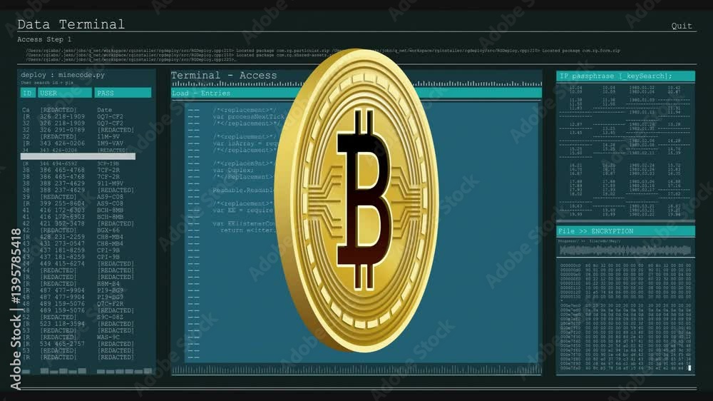 Poster bitcoin symbol with coding elements in digital animation on terminal interface