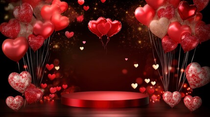 Obraz premium Red heart-shaped balloons and a red cylindrical pedestal against a dark background, perfect for Valentine's Day.