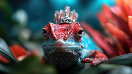 A captivating close-up of a chameleon wearing a crown, showcasing its brilliant colors and intricate patterns, set against a lush backdrop of vibrant floral elements and textures.