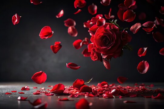 Floating Red Rose Petals: High-Resolution Stock Photo of Delicate Red Rose Blossoms Isolated on Black Background