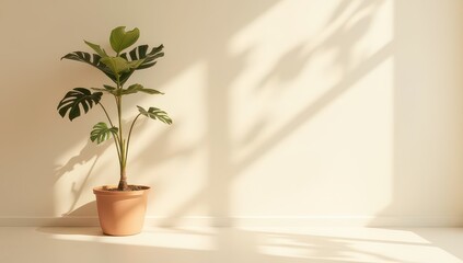 Fototapeta premium Monstera Plant in Pot, Sunlight Shadow on Wall