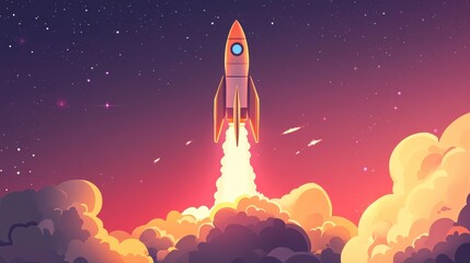 Fototapeta premium Rocket launching into space, breaking through clouds at sunset.