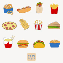 12 colorful fast food line icons