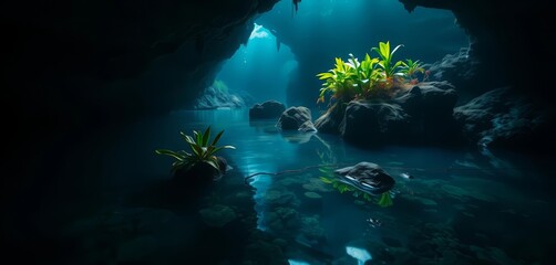 Obraz premium Dark, still water reveals submerged plants and rocks in a mysterious cave, cave diving, nature photography