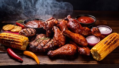 Assortment of grilled meat and vegetables releasing smoke, cooking on barbecue grill
