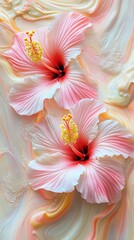 Delicate pink and peach flowers are arranged in a way that gracefully blends them into soft, swirling backgrounds, where an ethereal glow and intricate textures of the petals create a serene and