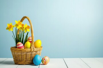 Wicker basket with colorful Easter eggs and yellow daffodil flowers on white wooden table with blue background. Perfect for Easter promotions, spring greeting cards, and festive ads