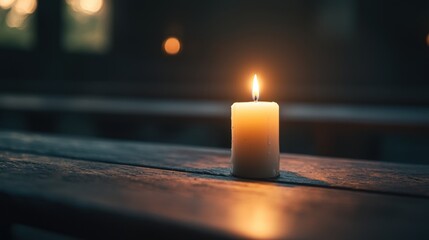 Calmness A flickering candle in a dimly lit church, symbolizing quiet reflection and peace.
