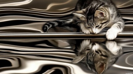 Detailed High-Resolution Kitten Playfully Interaction with Abstract Metallic Pattern, Reflective Surface, Adorable Pet Moment