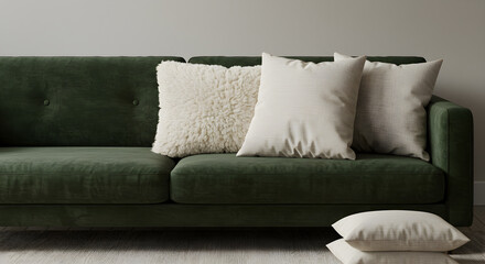 Modern Emerald Velvet Sofa With Shearling And Linen Throw Pillows