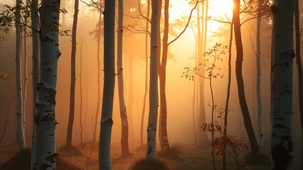 Obraz premium Birch Trees in Fog with Sunlight