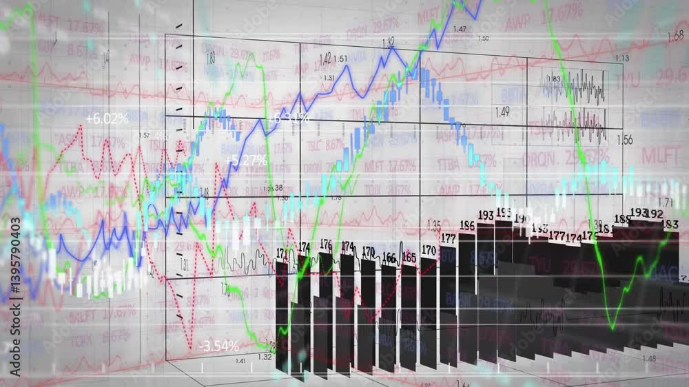 Poster displaying fluctuating stock market data, financial graphs and bar charts in animation