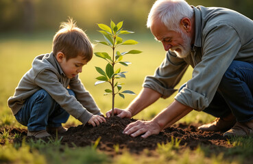 Grandfather, grandson plant young tree together in garden. Old man teaches child, shows how to care, grow plant. Family activity, intergenerational connection, eco-friendly lifestyle, love, care,
