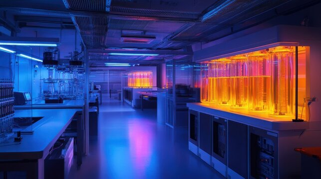 High-tech quantum computer lab with multiple glowing devices