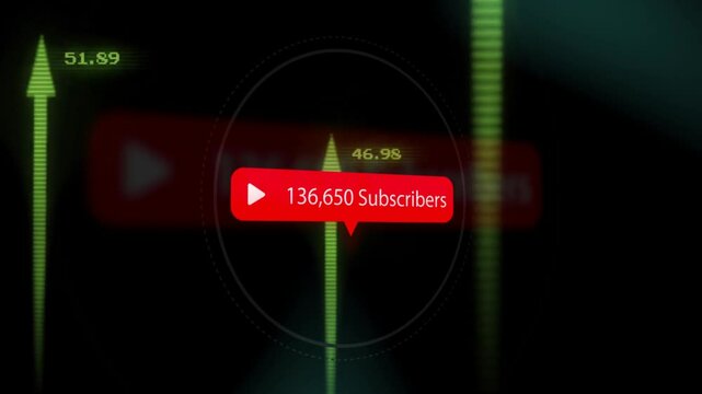Animation of red play button with 209,285 subscribers over green upward arrows