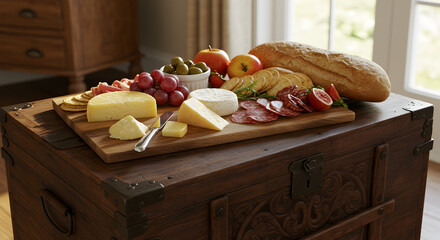 Rustic Charcuterie Board Displayed on Vintage Wooden Storage Trunk