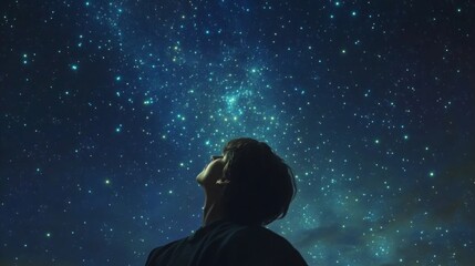 Naklejka premium Person gazes up at a starlit sky in a serene night landscape away from city lights