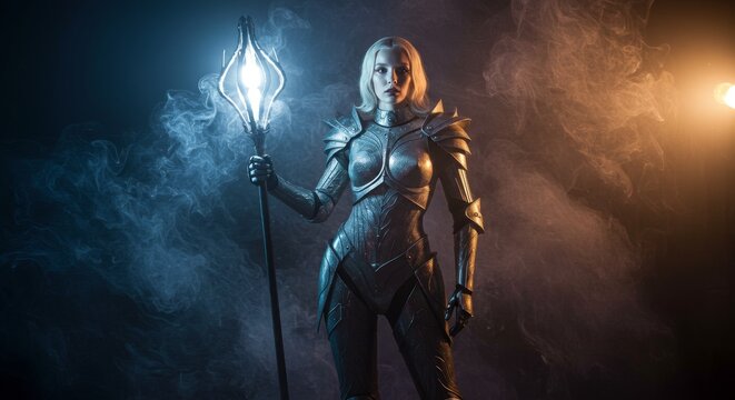 Enigmatic armored woman standing amidst smoky illumination with mystic staff