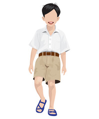 A boy student wearing a white shirt and brown shorts.