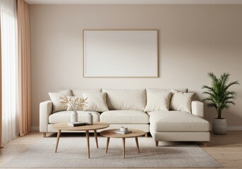 A serene living room featuring a beige sofa, two tables, and a blank picture frame on the wall