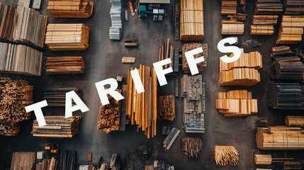 Lumber yard with tariffs word