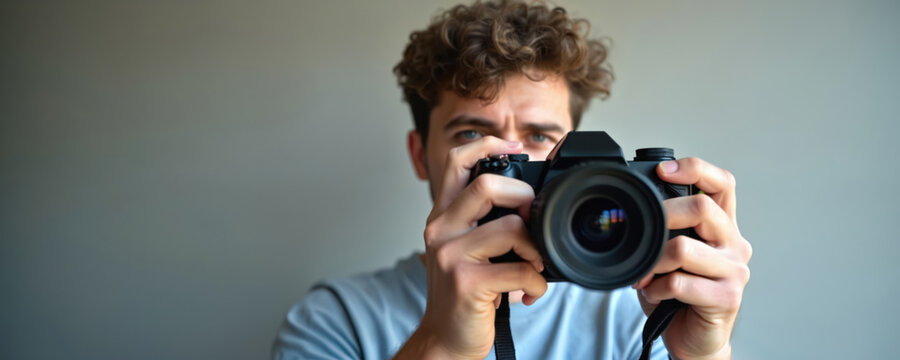 Young man holding digital camera shoots photo. Focused photographer shoots with pro photo equipment. Male explores photography, capturing moments using digital camera, photography studio, passion.
