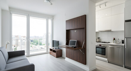 Fototapeta premium Studio Apartment Featuring a Foldable WallMounted Desk For Space Saving