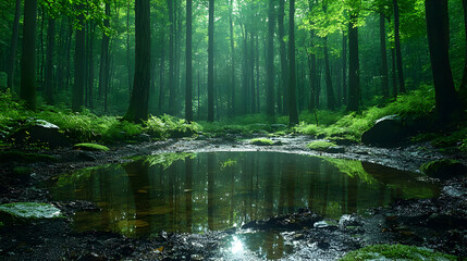 Fototapeta premium Sunlit Green Forest With Puddle Reflection