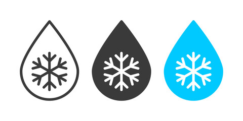 Defrost, melting, heater icon with water drop and snowflake symbol representing thawing, temperature control, cooling systems, and ice melting in flat vector design