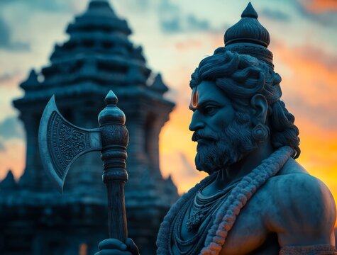 Marble Statue of Parashurama with Axe and Temple at Sunset