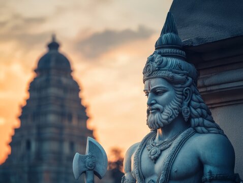 Marble Statue of Parashurama with Axe and Temple Background