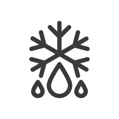 Defrost, melting, heater icon with water drop and snowflake symbol representing thawing, temperature control, cooling systems, and ice melting in flat vector design