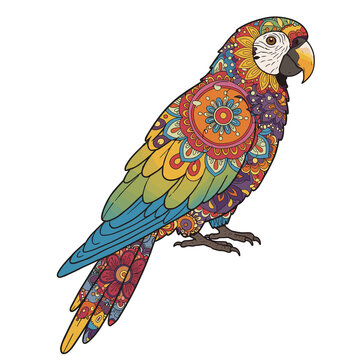 Colorful parrot decorated in floral mandala style on white background