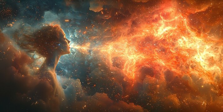 Scene showing the interconnectedness of thinking and language with abstract symbols representing thoughts morphing into words as they float through the air The background is ethereal and dream like