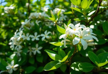 Delicate jasmine blossoms nestled amongst lush green foliage, sunlight filtering through, background, beauty