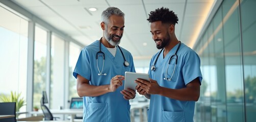 Two diverse medical professionals discuss patient data on tablet, modern healthcare tech, collaboration in hospital setting. Doctors consult digital info on modern device, focused teamwork, medical