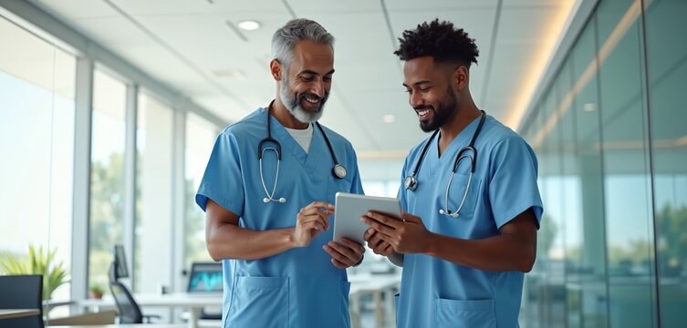 Two diverse medical professionals discuss patient data on tablet, modern healthcare tech, collaboration in hospital setting. Doctors consult digital info on modern device, focused teamwork, medical