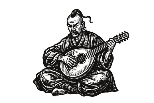 Ukrainian Cossack playing lute in bold vintage engraving style