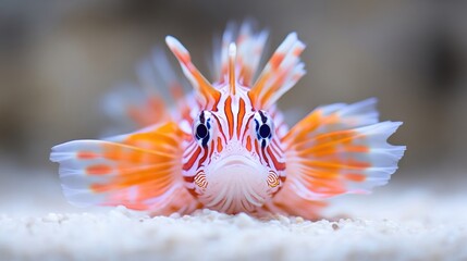 Vibrant, detailed close-up of a small, colorful fish, likely a lionfish, resting on a sandy substrate.  