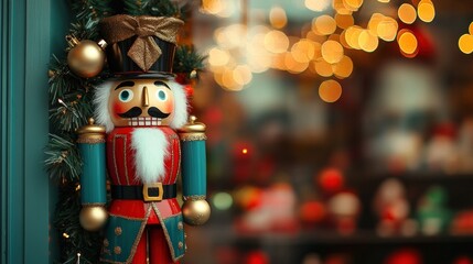Naklejka premium A colorful festive wooden nutcracker figure displayed during the holidays