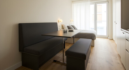 Fototapeta premium Compact Studio Apartment With Foldable Table And Bench Seat Design